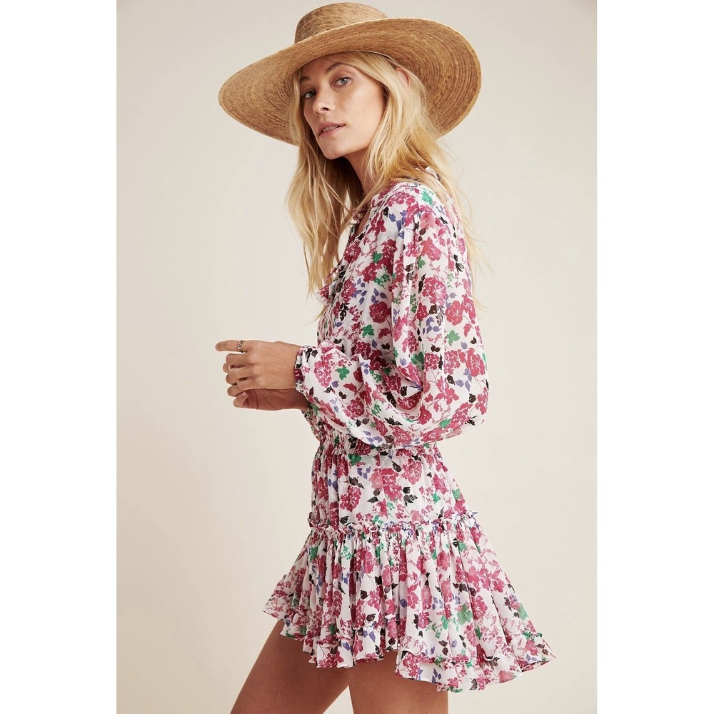 Misa Los Angeles Niamat Dress S White Pink Floral Tiered Anthropologie